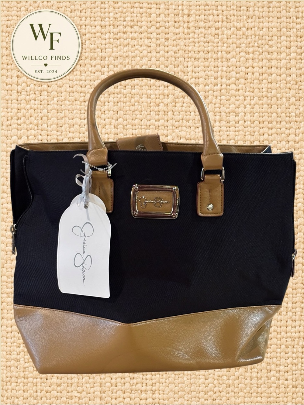 Jessica Simpson Brights Black Tan Large Tote Handbag NWT $140